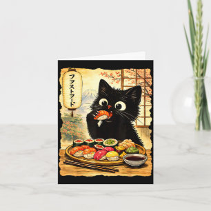 Carte Chat noir mignon mangeant du sushi kawaii nourritu
