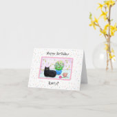 Carte Chat noir mignon personnalisable avec anniversaire (Fleur jaune)