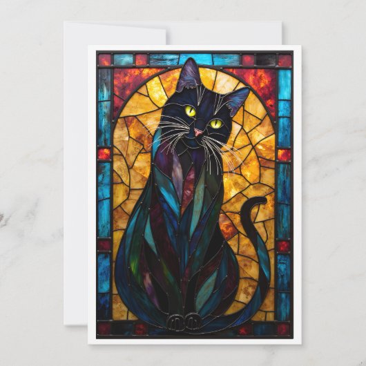 Carte Chat noir mignon plat de style vitrail (Devant)
