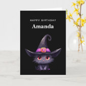 Carte Chat noir mignon portant une sorcière Casquette An (Fleur jaune)