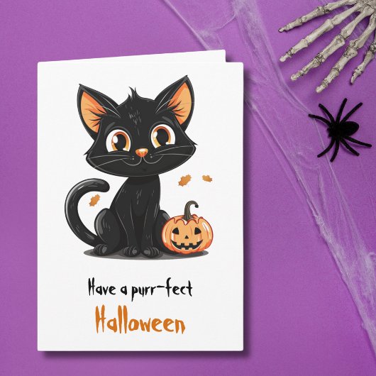 Carte Chat noir mignon salutation Halloween