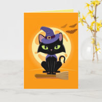 Chat noir mignon sur balaiCarte d'Halloween