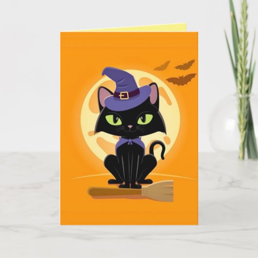 Carte Chat noir mignon sur balaiCarte d'Halloween (Devant)