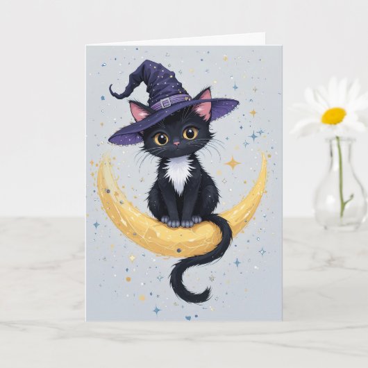 Carte Chat noir mignon sur Crescent Moon Halloween Salut (Petite plante)