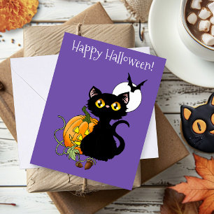 Carte Chat noir mignon violet effrayant Halloween Citrou