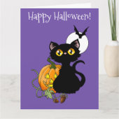 Carte Chat noir mignon violet effrayant Halloween Citrou (Devant)