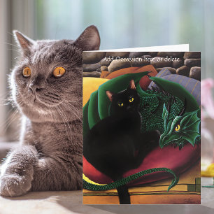 Carte Chat noir mystique Dragon vert émeraude Fantastiqu
