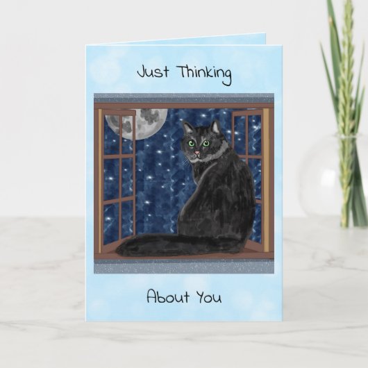 Carte Chat noir regardant la fenêtre sur les étoiles et (Devant)