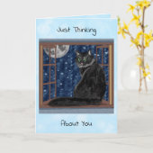 Carte Chat noir regardant la fenêtre sur les étoiles et (Fleur jaune)