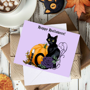 Carte Chat Noir Rose Pourpre Citrouille Automne
