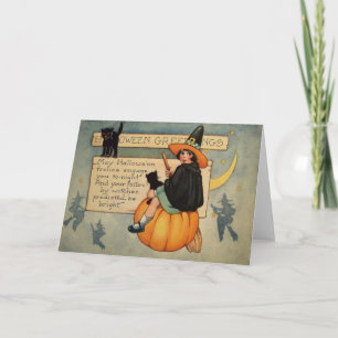 Carte Chat noir sorcière citrouille croissant de lune