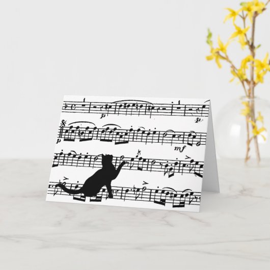 Carte chat noir sur partition (Fleur jaune)