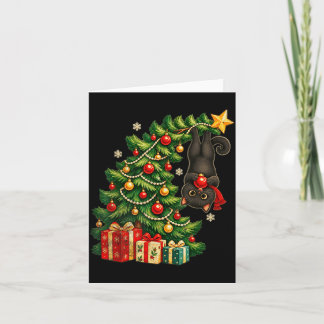 Carte Chat noir suspendu à l'arbre de Noël animal de com