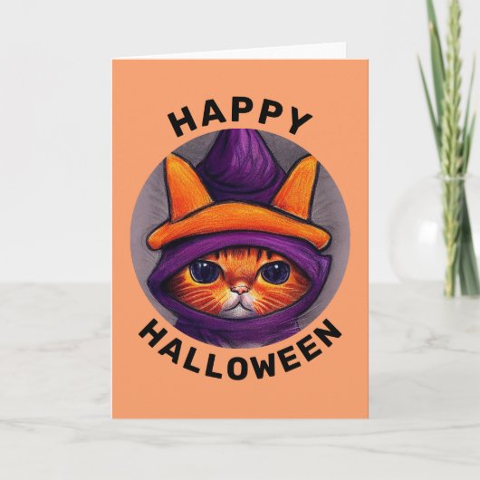 Carte Chat orange avec chapeau de sorcière violet Joyeux (Devant)