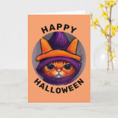 Carte Chat orange avec chapeau de sorcière violet Joyeux (Fleur jaune)