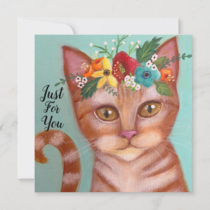 Carte Chat orange avec couronne de fleurs