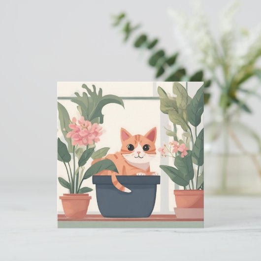 Carte Chat orange dans un pot de fleurs (Debout devant)