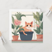 Carte Chat orange dans un pot de fleurs (Devant/Arrière en situation)