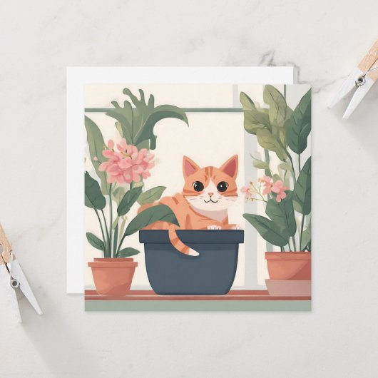 Carte Chat orange dans un pot de fleurs  (Devant/Arrière en situation)