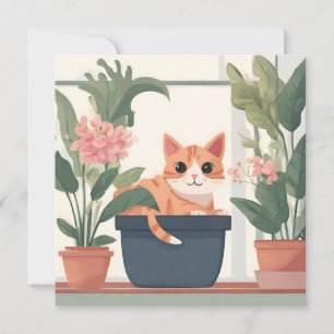 Carte Chat orange dans un pot de fleurs