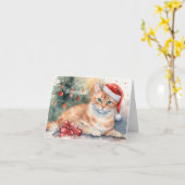Carte Chat orange de Noël à l'aquarelle de Santa Hat (Fleur jaune)
