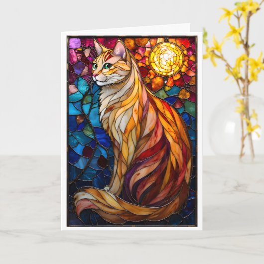 Carte Chat orange et blanc flou de style vitrail  (Fleur jaune)