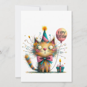 Carte Chat orange excentrique avec chapeau de fête et gâ