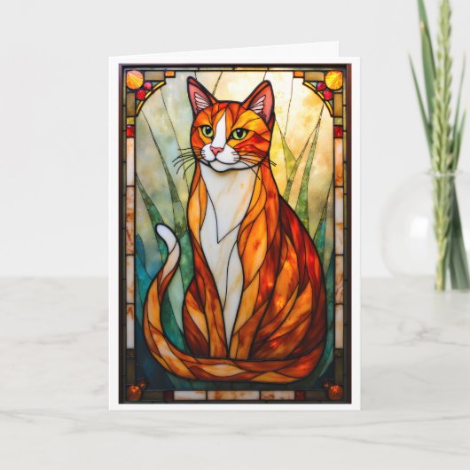 Carte Chat orange style vitrail yeux verts (Devant)
