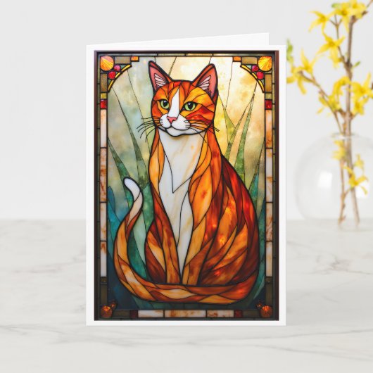 Carte Chat orange style vitrail yeux verts (Fleur jaune)