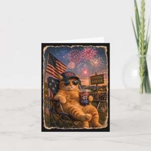 Carte Chat patriotique du 4 juillet buvant du café glacé
