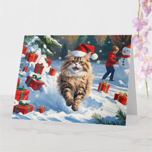 Carte Chat Persan Assis dans la Neige avec un Chapeau de