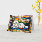 Carte Chat persan blanc mignon en vitrail (Fleur jaune)