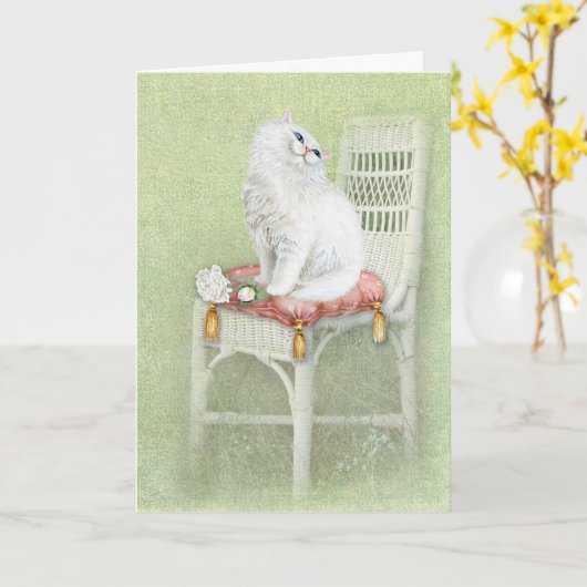 Carte Chat Perse Blanc Sur Chaise Coussin (Fleur jaune)