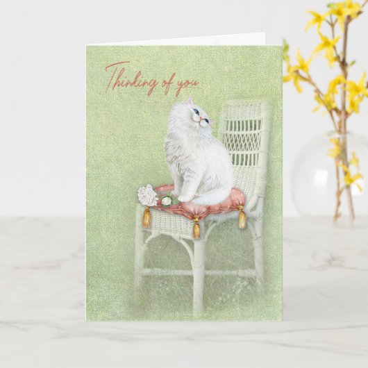 Carte Chat Perse Blanc Sur Chaise Coussin (Fleur jaune)