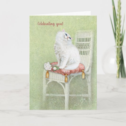 Carte chat perse blanc sur la chaise anniversaire (Devant)