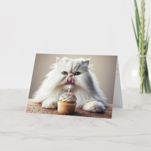 Carte Chat perse lèche un gâteau d'anniversaire (Devant)
