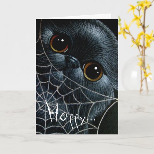 Carte CHAT PERSIEN NOIR & WEB HALLOWEEN (Fleur jaune)