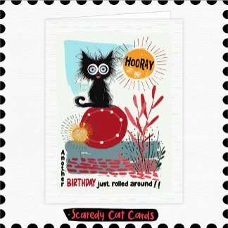 Carte Chat Peureux "Hourra" Anniversaire