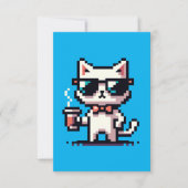 Carte Chat Pixel cool avec café - 8 bits Retro Feline (Devant)