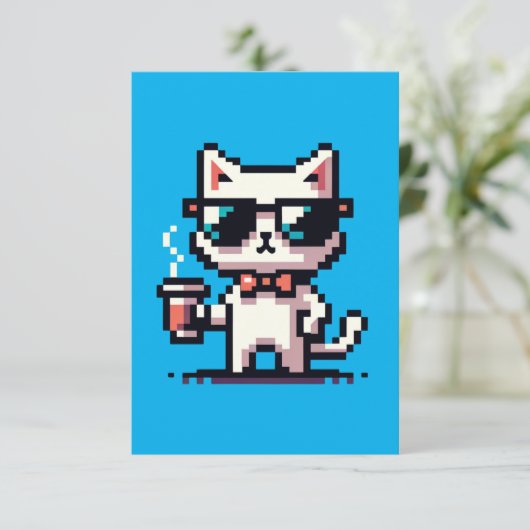 Carte Chat Pixel cool avec café - 8 bits Retro Feline (Debout devant)