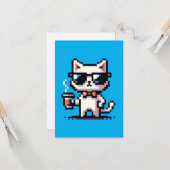 Carte Chat Pixel cool avec café - 8 bits Retro Feline (Devant/Arrière en situation)