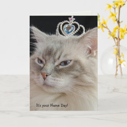 Carte Chat Ragdoll avec couronne Nom Jour (Fleur jaune)