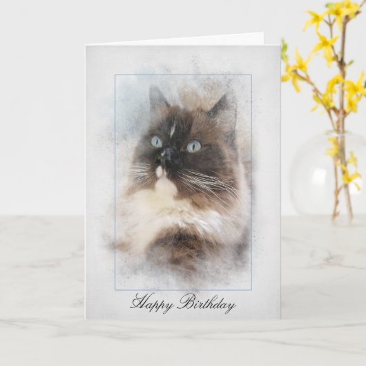 Carte Chat Ragdoll d'anniversaire (Fleur jaune)