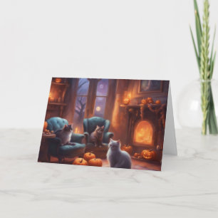Carte Chat réfléchissant à Halloween dans un salon cosy