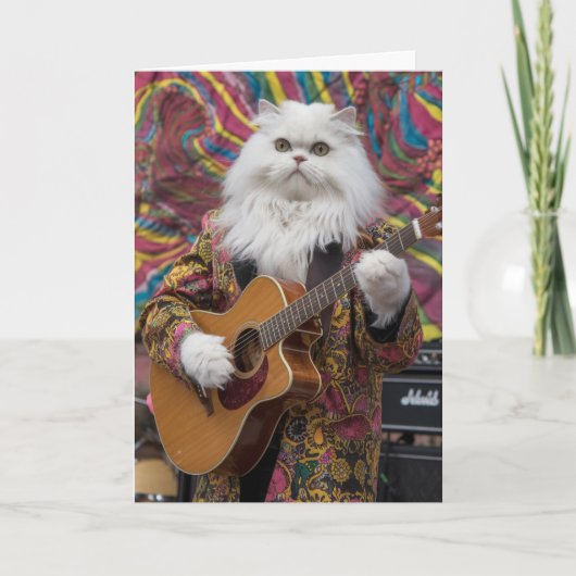 Carte Chat rockeur persan blanc drôle (Devant)