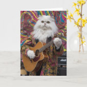 Carte Chat rockeur persan blanc drôle (Fleur jaune)