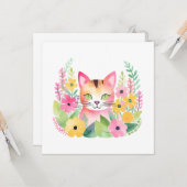 Carte Chat rose aquarelle et fleurs d'été  (Devant/Arrière en situation)