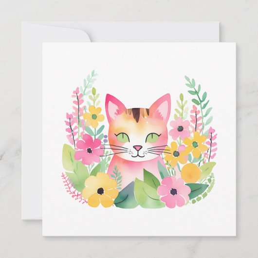 Carte Chat rose aquarelle et fleurs d'été  (Devant)