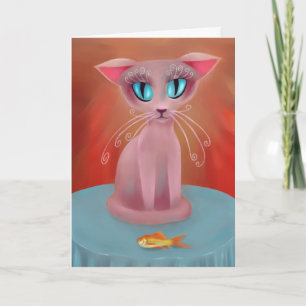 Carte Chat rose avec un poisson rouge sur une table bleu