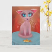 Carte Chat rose avec un poisson rouge sur une table bleu (Fleur jaune)
